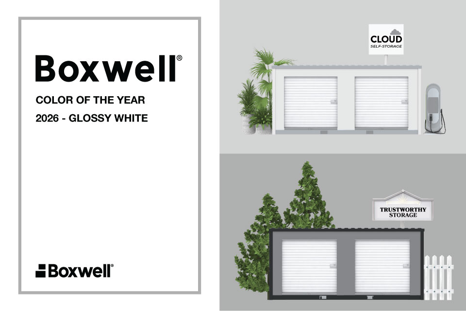 glossy white roll up doors, white roll up storage doors, self storage roll up door colors, storage facility design trends 2026, Boxwell roll up doors, Pantone Color of the Year 2026, Cloud Dancer color, modern self storage design, storage facility branding, white storage doors, outdoor storage unit design, commercial roll up doors, glossy white roll up doors for self storage, best roll up door color for storage facilities, modern storage facility exterior design, white roll up doors for outdoor storage units, self storage color trends 2026, clean storage facility design, minimalist self storage design, premium storage facility look, contemporary self storage exterior