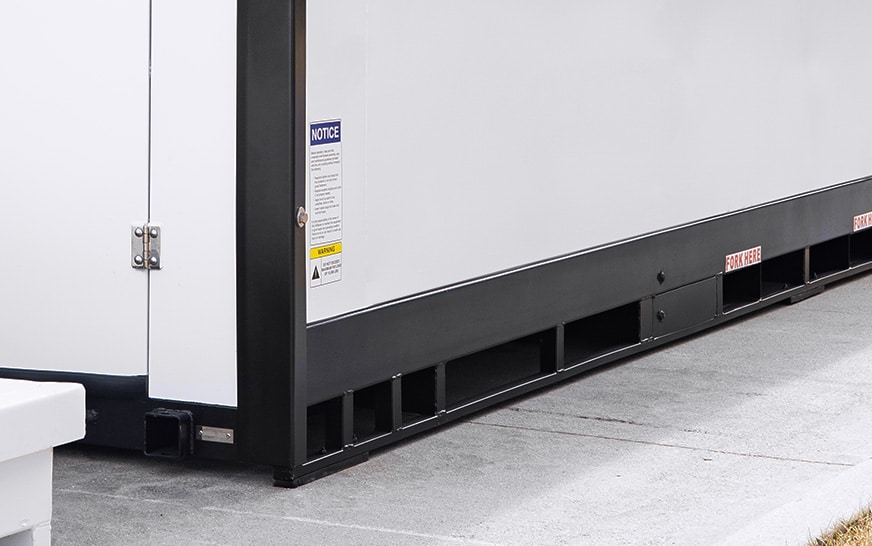 Image of a Boxwell container base. Ther interior flooring is raised above the steel base. This promotes air flow beneath the flooring, reducing moisture and condensation inside the container.