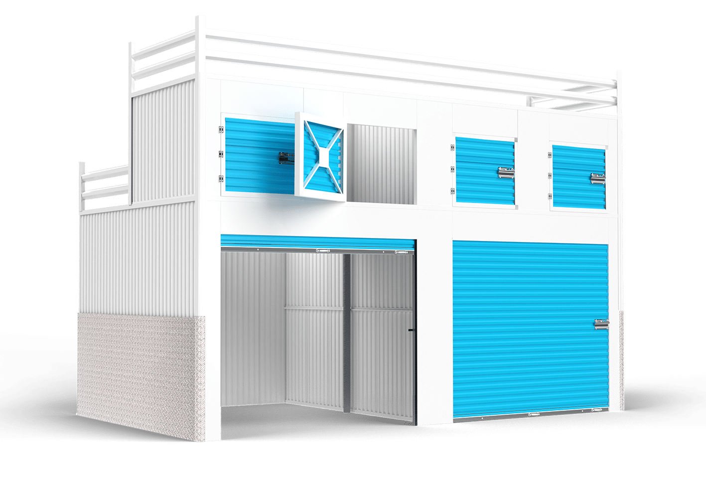 A rendering of a Boxwell hallway system with a second level locker system